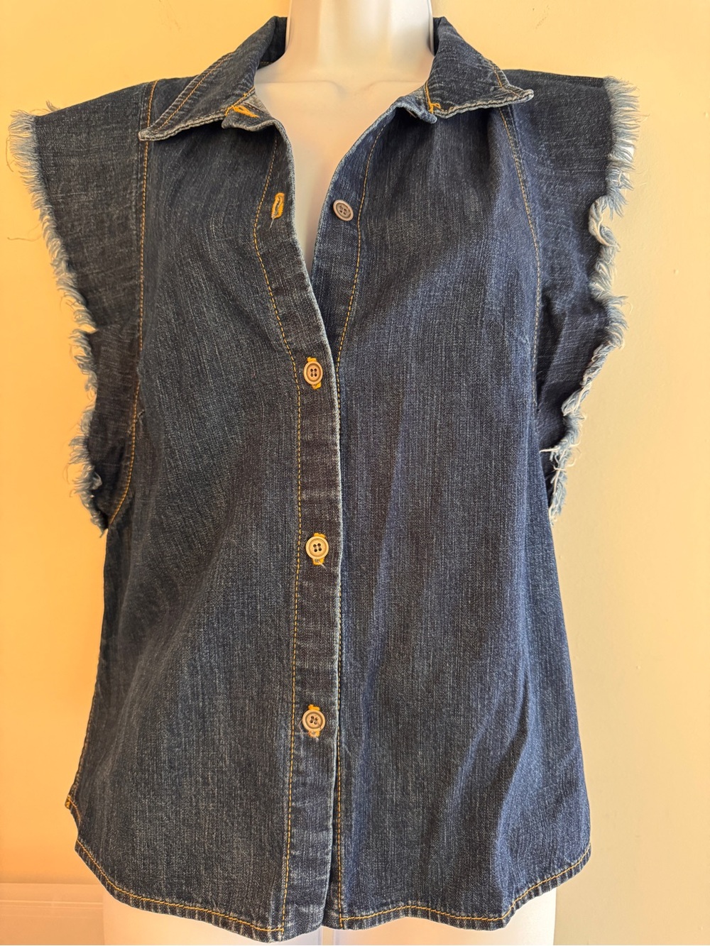 EUC Rachel Comey Dark Blue Frayed Sleeveless Denim Button-Down Top